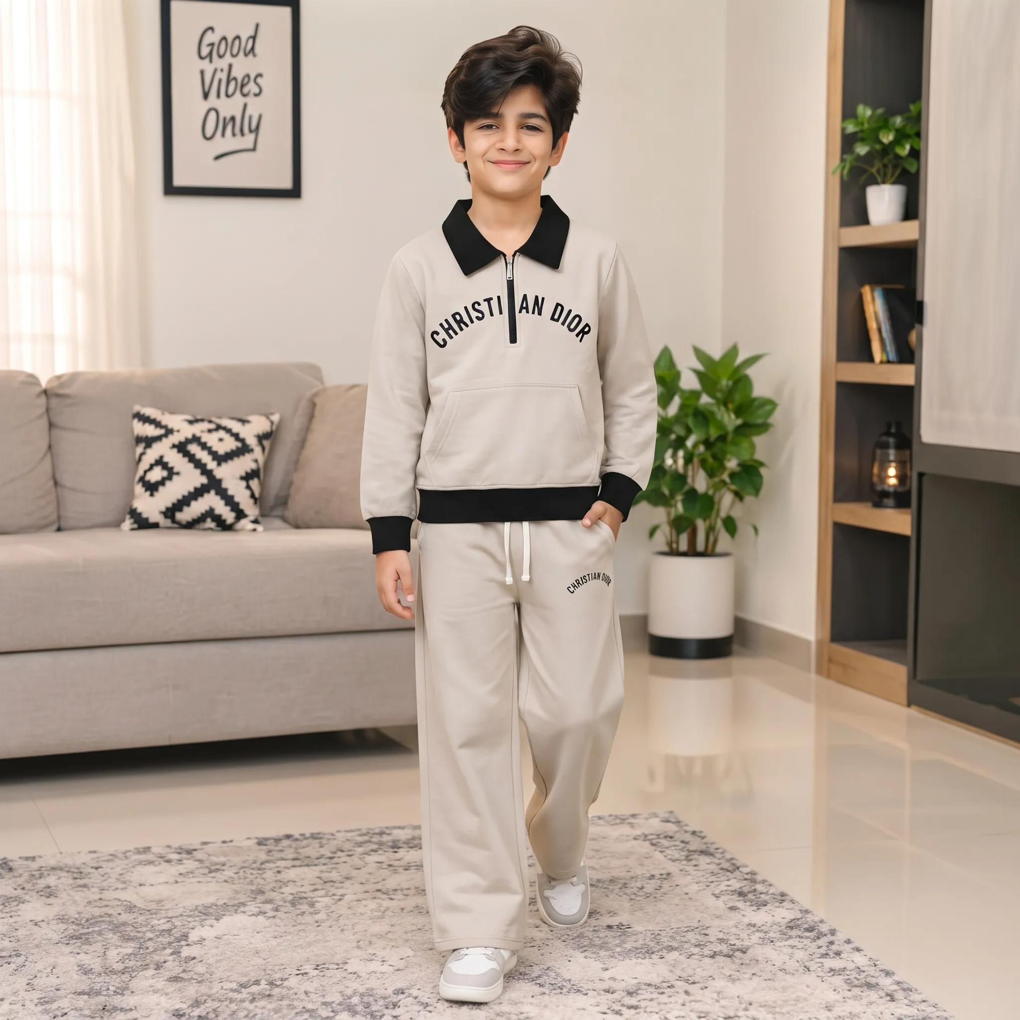Boys’ Black & skin Fleece Tracksuit Set – Contrast Polo Collar Half-Zip Sweatshirt (Copy)