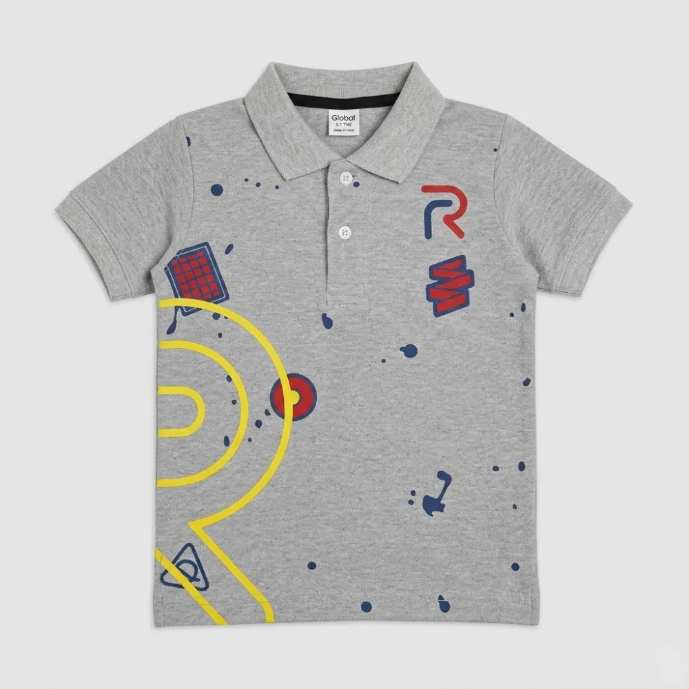Kids grey polo shirt with colorful space-themed graphics and red and blue R and Z logos.