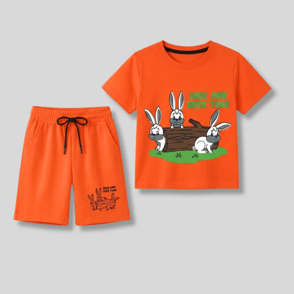 orange kids clothing set with cartoon rabbits and green text on t-shirt