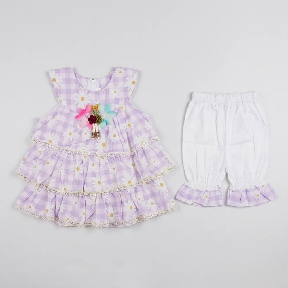 Lavender and white gingham dress with daisies and matching pants for baby girl