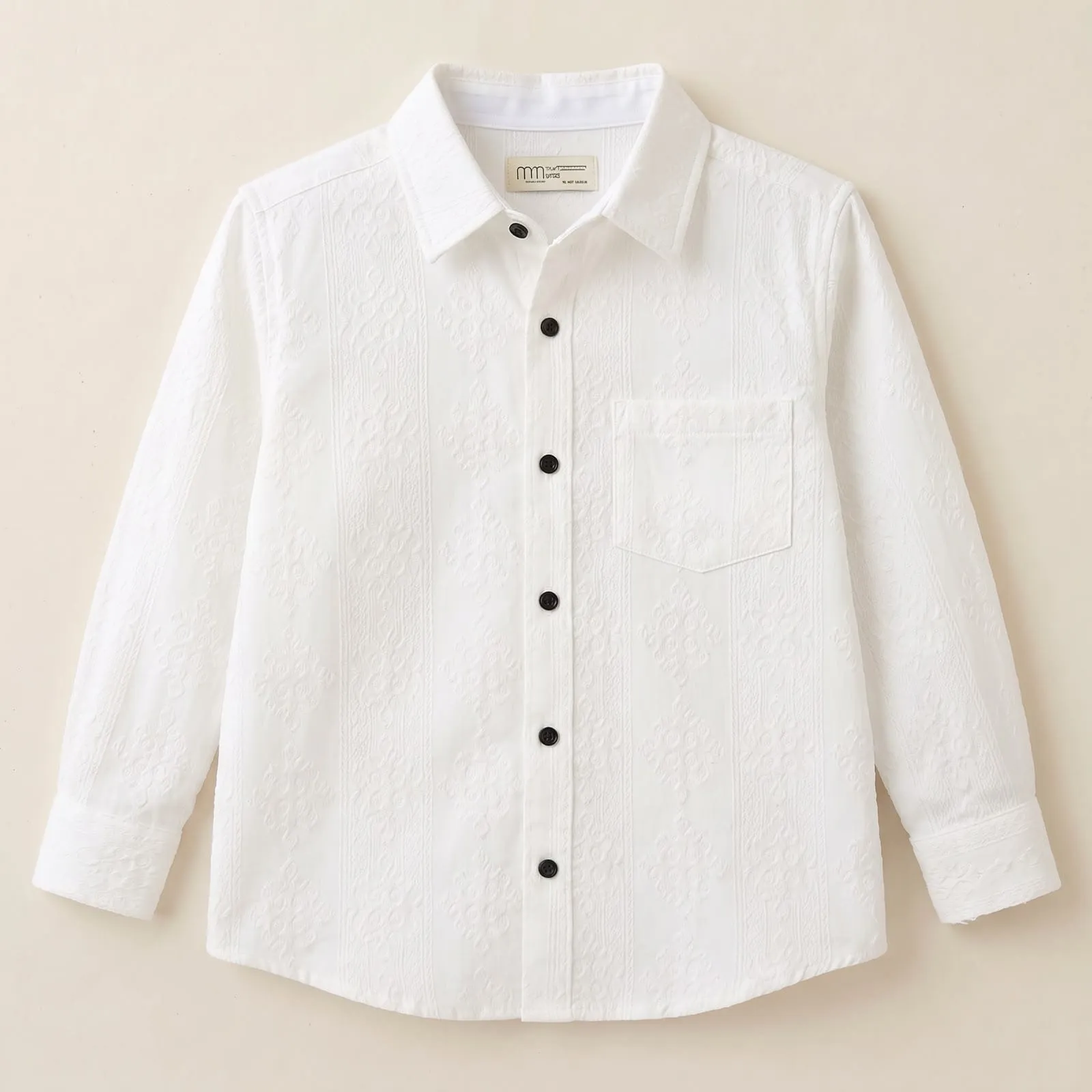 Boys White Textured Jacquard Full Sleeve Shirt | Casual Collar Shirt