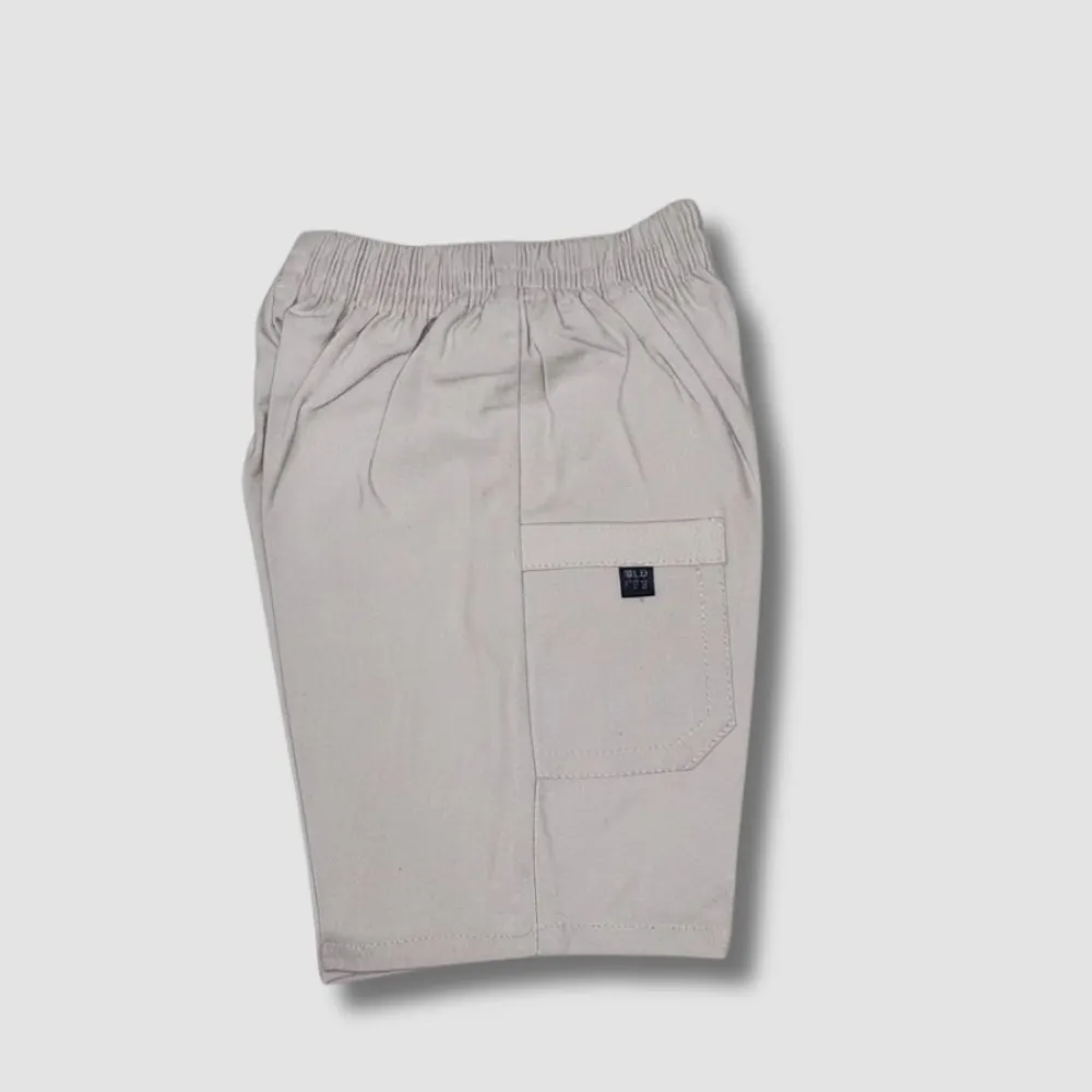 Beige cotton blend elastic waist shorts with back pocket.