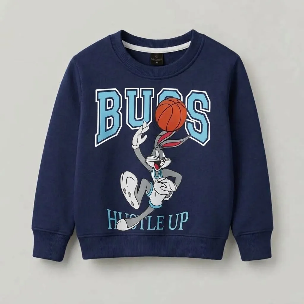 Navy blue kids sweatshirt featuring Bugs Bunny playing basketball with 'BUGS' and 'HUSTLE UP' text.