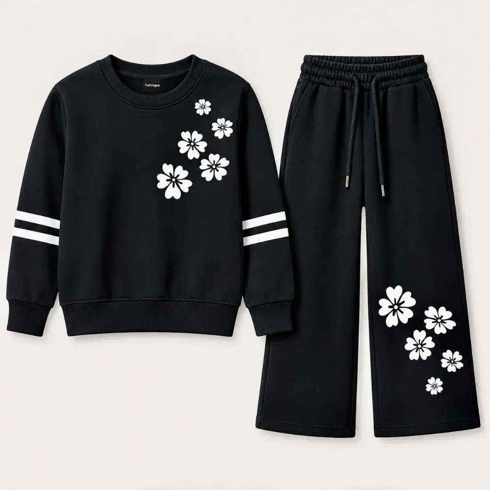 Girl's Black Floral Print Sweatsuit Set Premium Quality Fleece