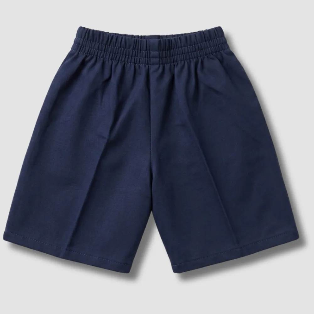 Navy blue athletic shorts with elastic waistband and pleated front