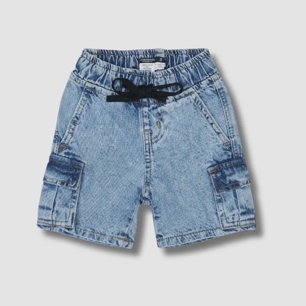 Light blue denim shorts with a black bow tie at the waist, featuring two front pockets and a slightly distressed look.