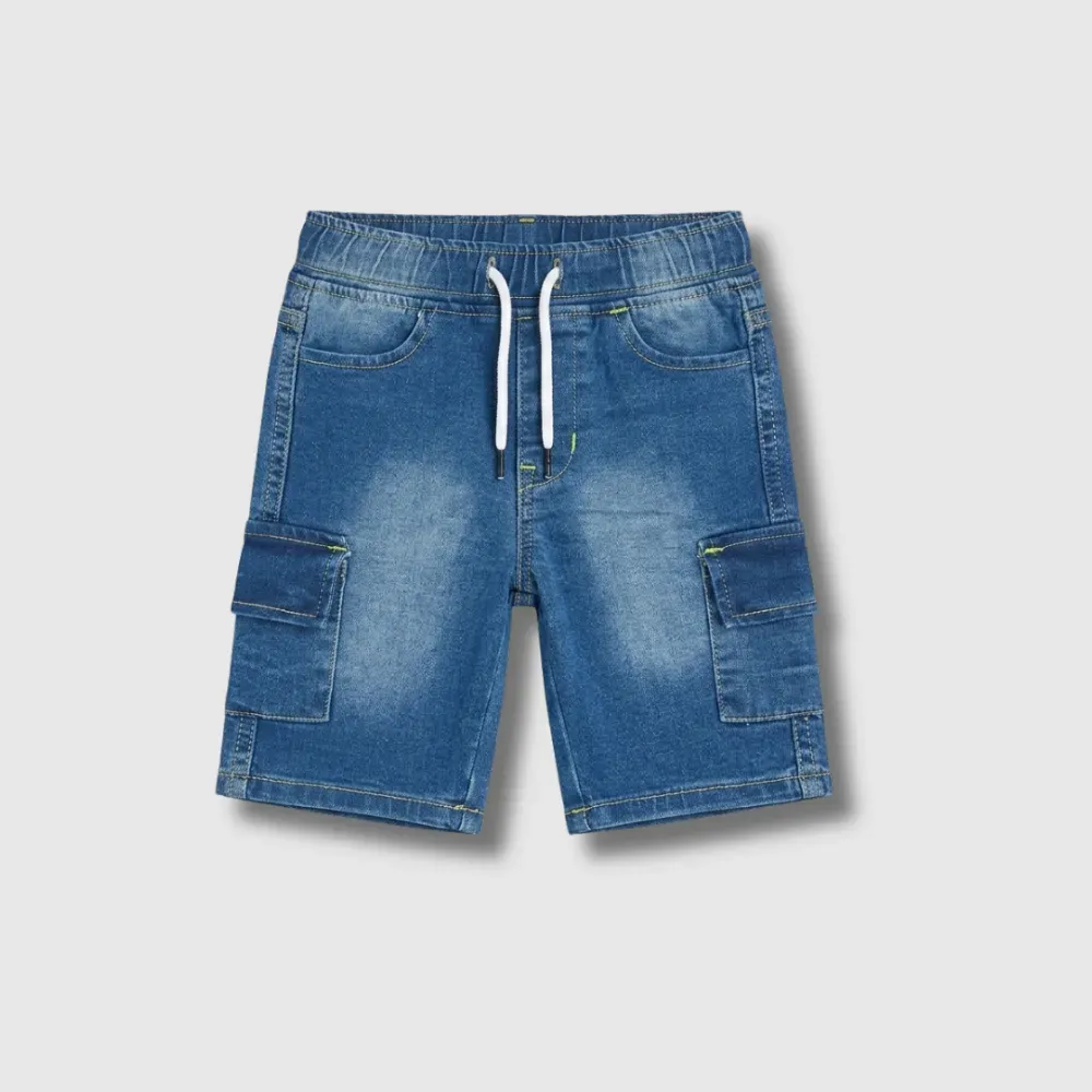 Blue denim cargo shorts with drawstring waist and multiple pockets.
