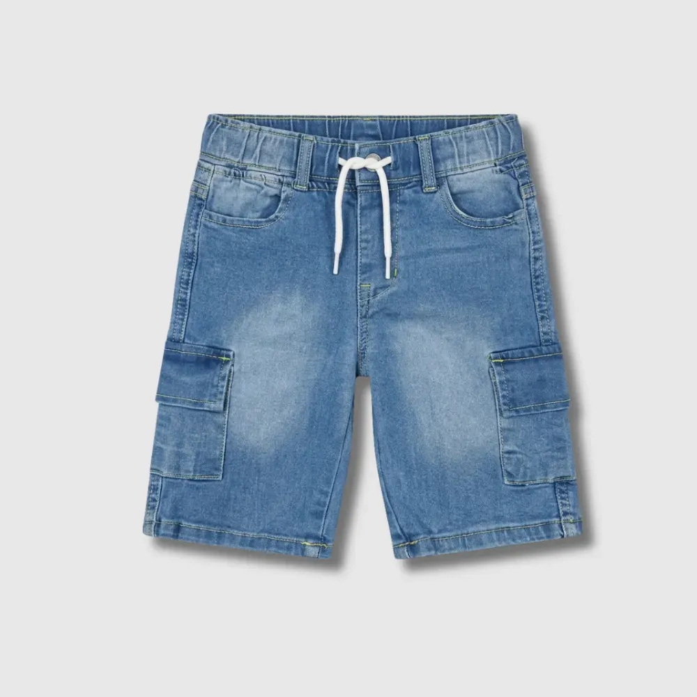 Light blue denim cargo shorts with white drawstring and multiple pockets.