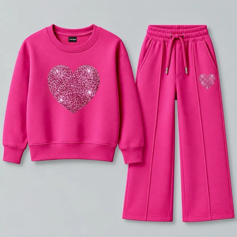 Kids hot pink two-piece tracksuit set featuring a long-sleeve sweatshirt and wide-leg joggers with a glittery pink heart motif.