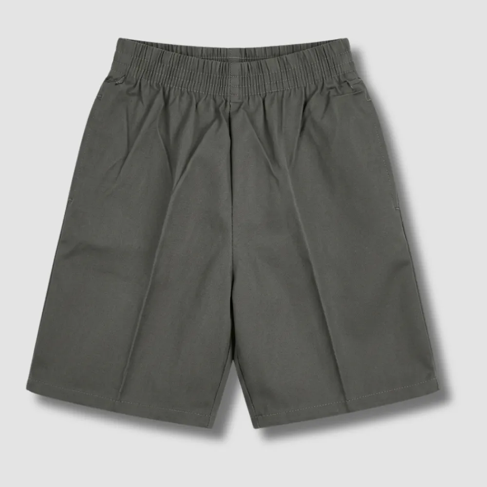 Dark gray elastic waist shorts made from a lightweight material.