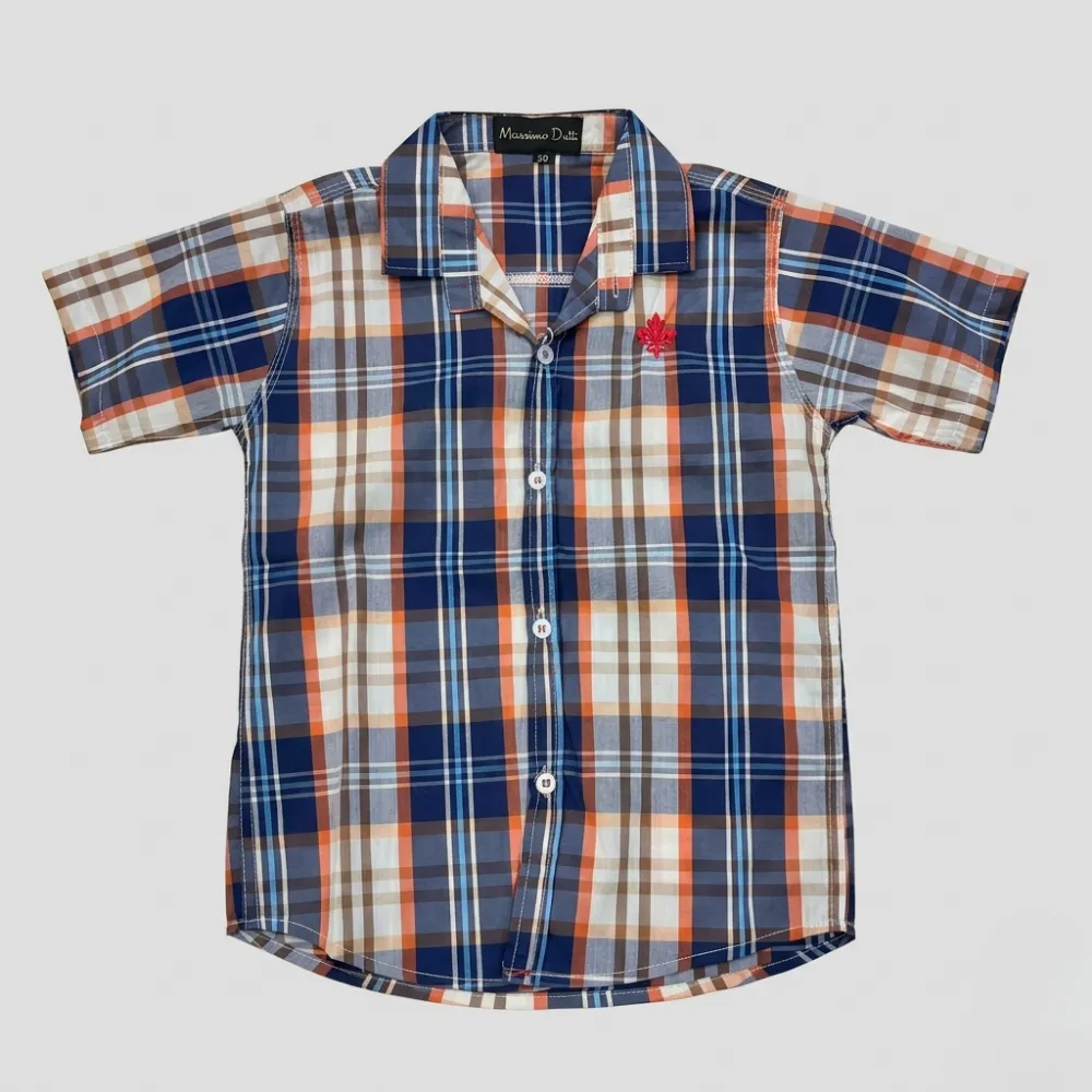 A short-sleeved plaid shirt with a collar, featuring a mix of blue, orange, and white colors, and a small red maple leaf emblem on the chest pocket.