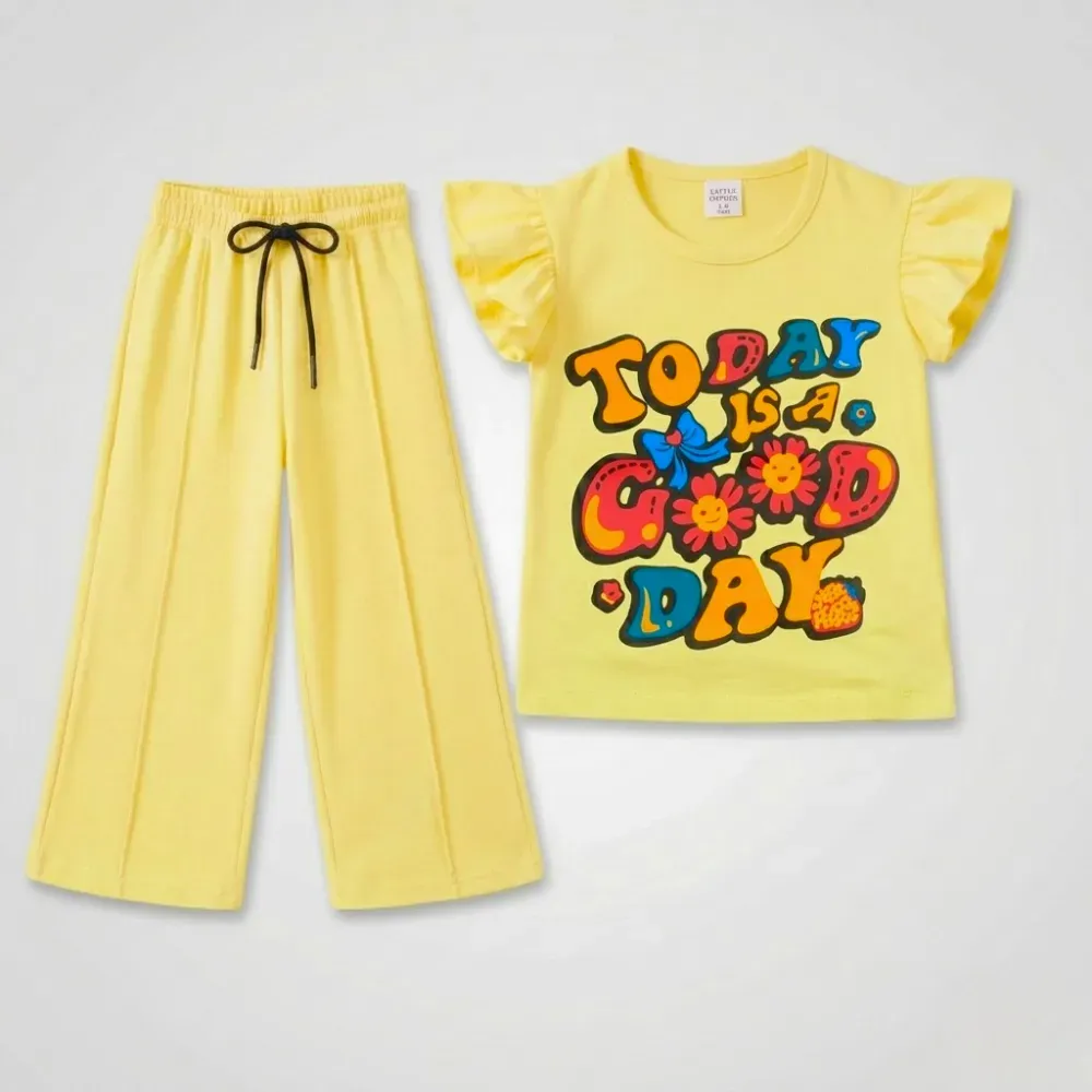 Yellow kids outfit with 'Today is a good day' graphic t-shirt and matching pants.