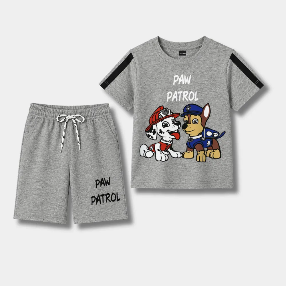 Gray PAW PATROL kids' clothing set, including a t-shirt with Marshall and Chase characters and matching shorts.
