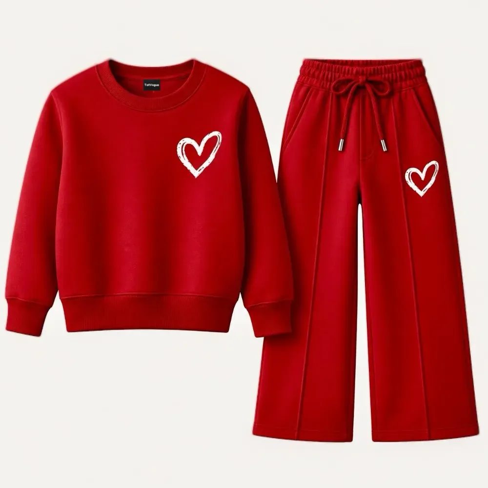 Kids red two-piece tracksuit set featuring a long-sleeve sweatshirt and wide-leg sweatpants with white hand-drawn heart graphics.