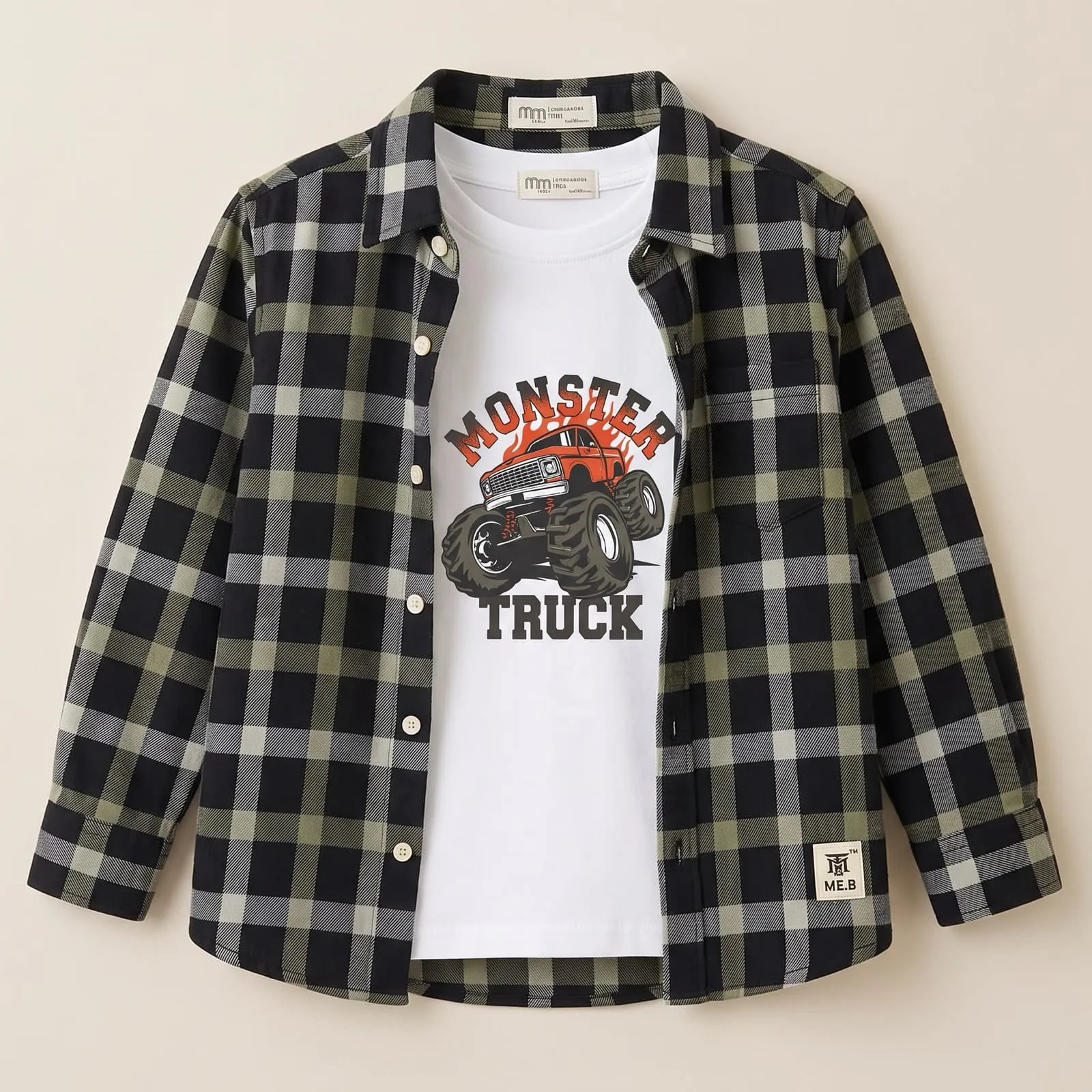 Boys 2-Piece Set Checked Flannel Shirt with Monster Truck Print T-Shirt