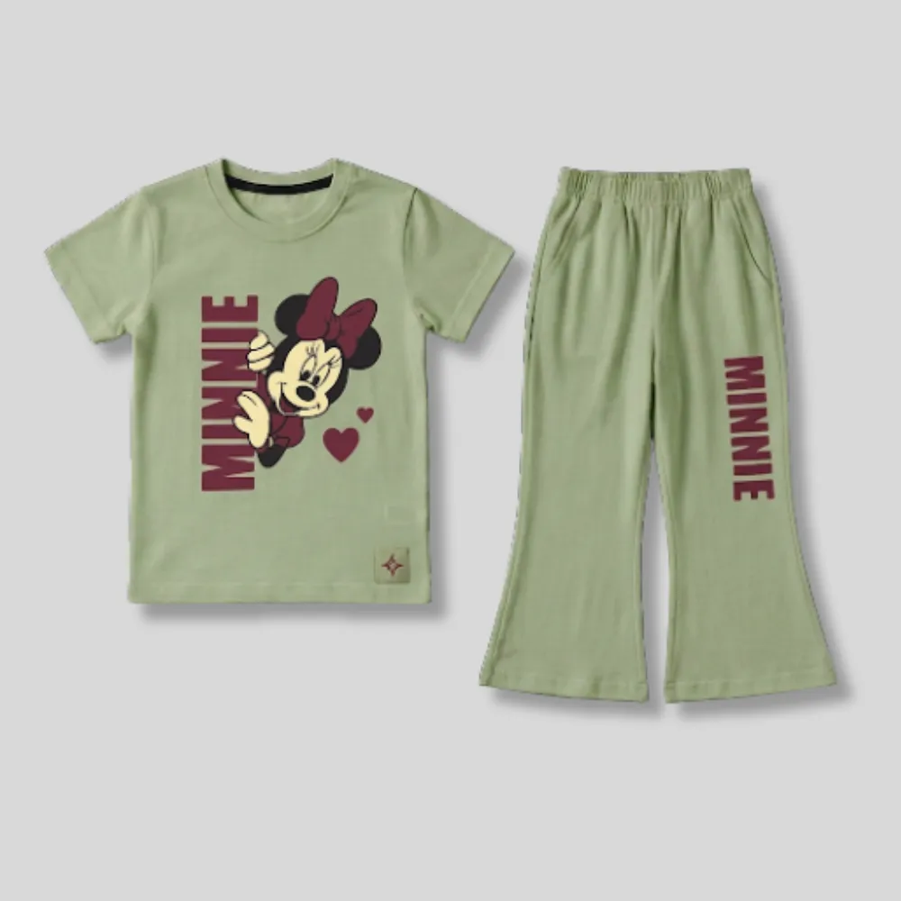 Green Minnie Mouse themed clothing set for kids, featuring a t-shirt with Minnie Mouse graphic and matching pants.