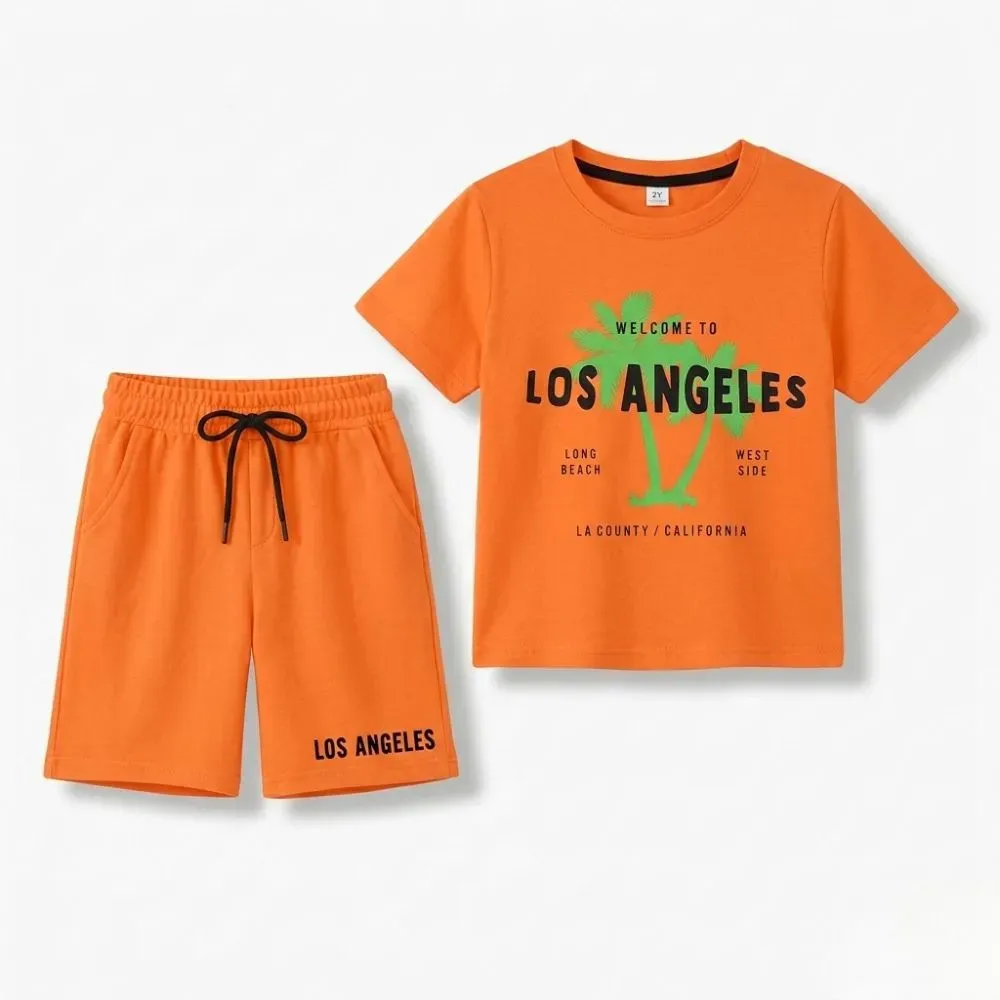 Orange Los Angeles themed kids clothing set with t-shirt and shorts.