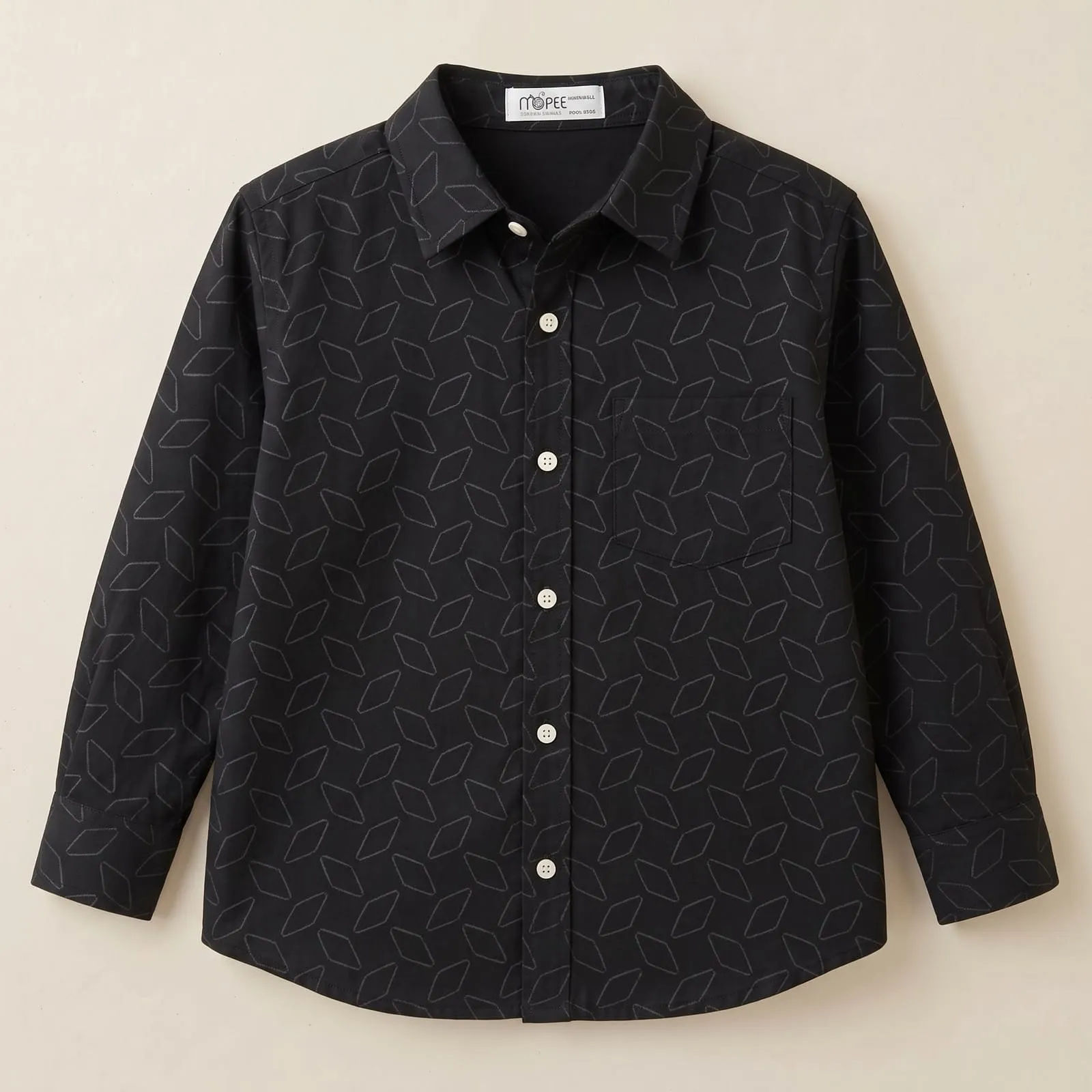 A stylish black long-sleeve button-down shirt for boys featuring an all-over grey geometric diamond pattern, a collared neckline, and a single front chest pocket.