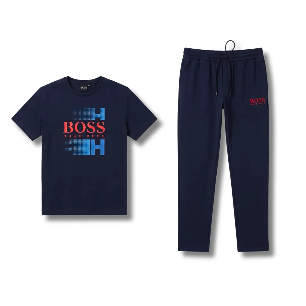 Navy blue Hugo Boss t-shirt and matching sweatpants set, with red and blue logo.