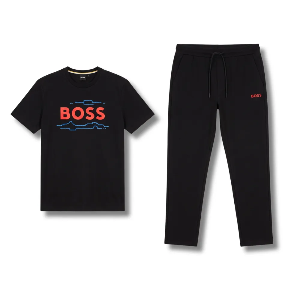Black Boss brand t-shirt with red and blue graphic text and matching black sweatpants with red Boss logo on the leg.