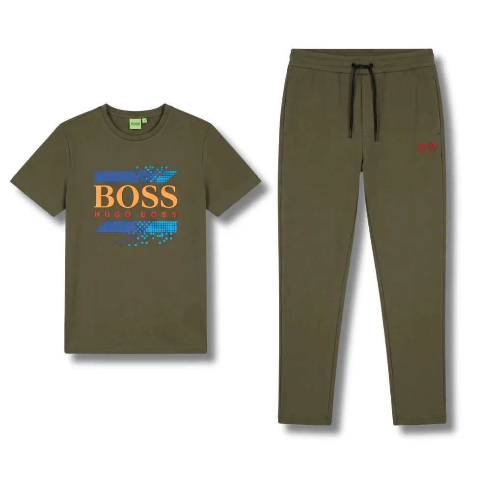 Olive green Hugo Boss t-shirt with a colorful 'BOSS HUGO BOSS' graphic print and matching olive green sweatpants with a drawstring waist and a small red 'BOSS' logo on the hem.