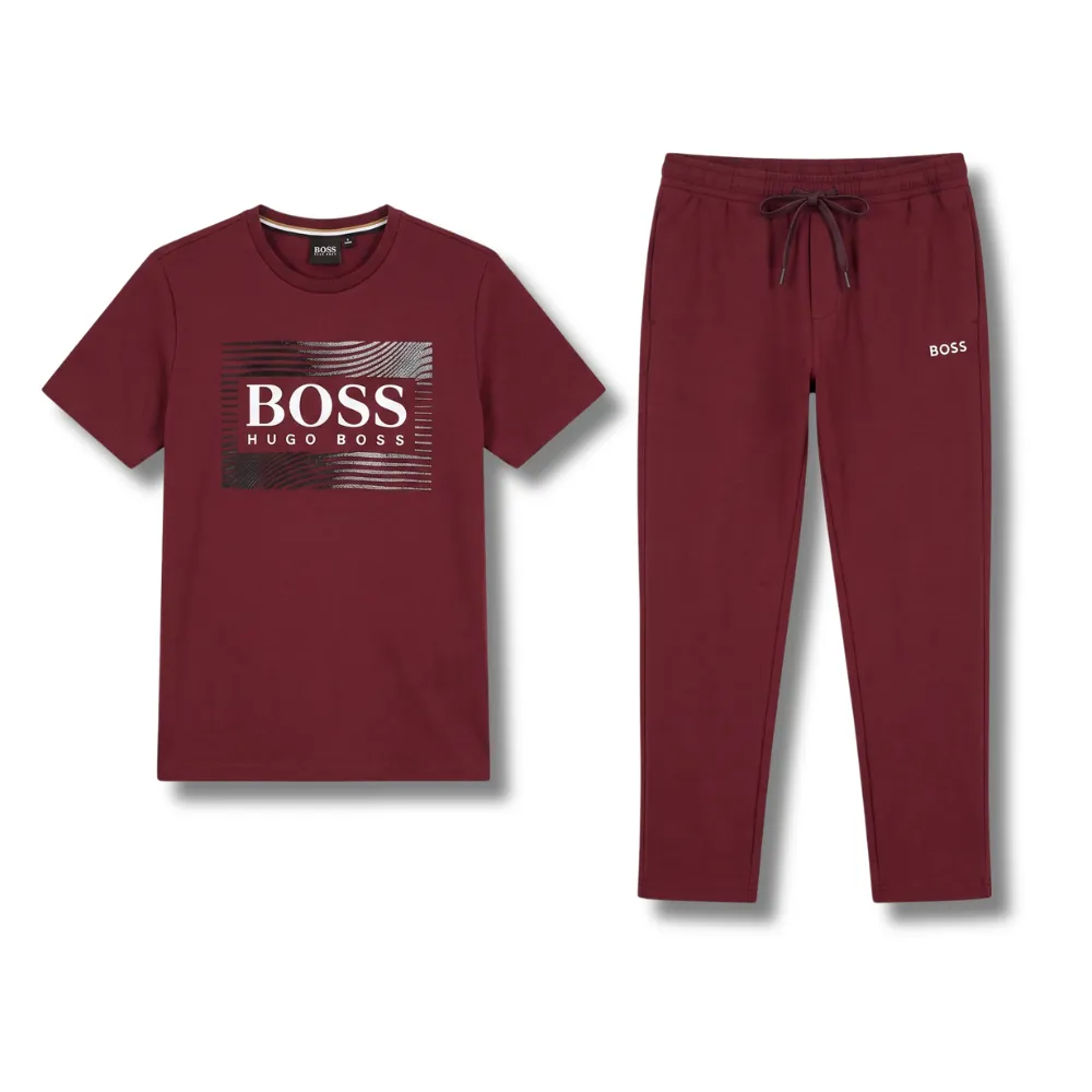 Maroon Hugo Boss t-shirt with a graphic print and matching maroon Hugo Boss sweatpants