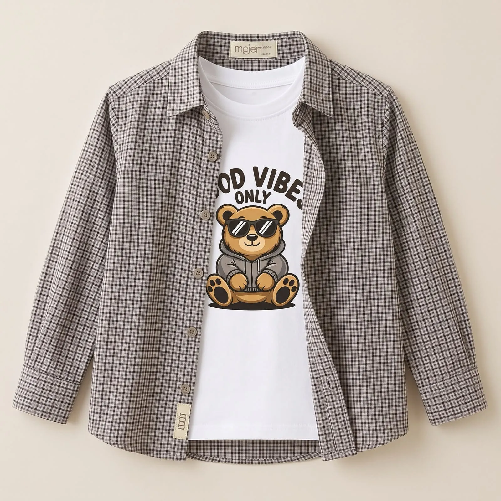 Boys 2-Piece Set Checked Flannel Shirt with Good Vibes Bear T-Shirt