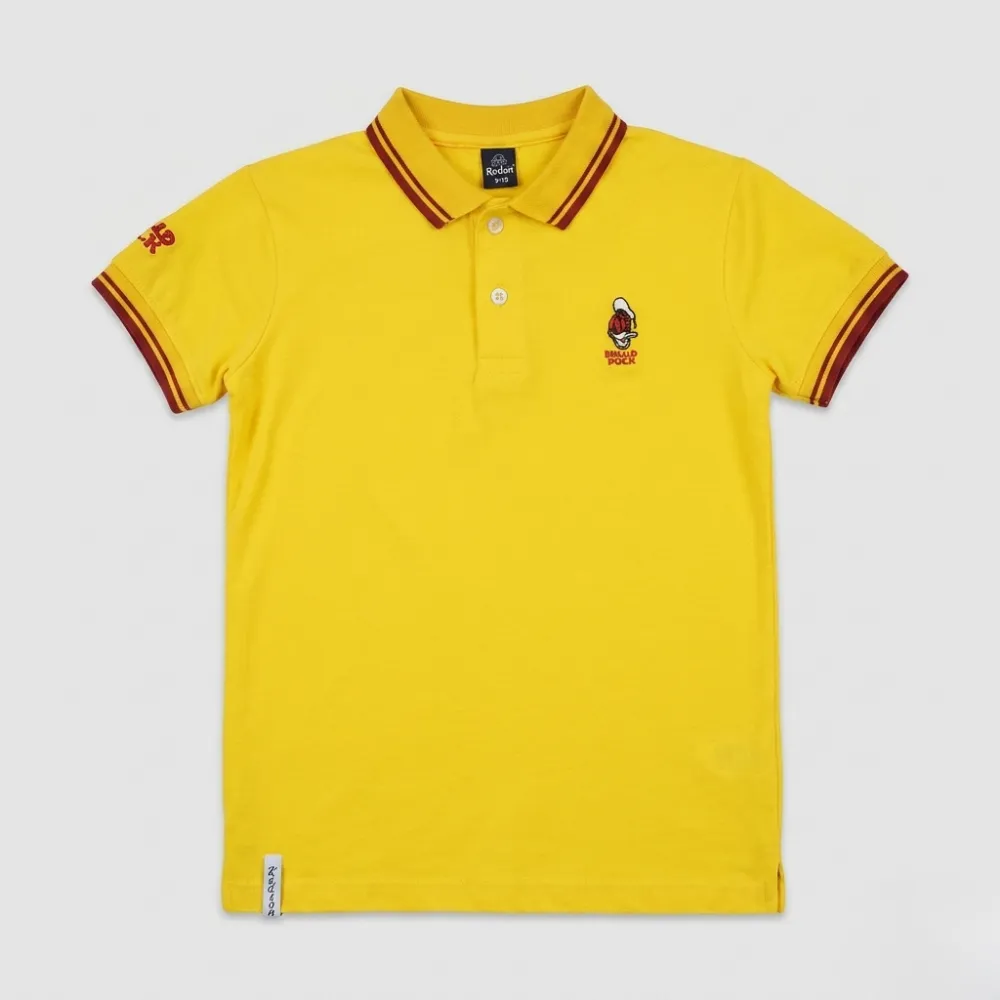 Yellow polo shirt with red and black trim, featuring a small red and black logo on the left chest and a small red logo on the left sleeve.