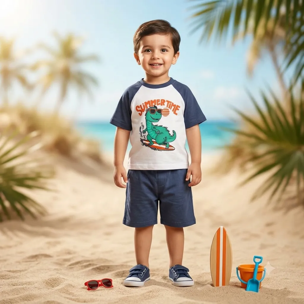 Young boy standing on a sandy beach wearing a white and navy blue summer t-shirt with a surfing dinosaur graphic and navy blue shorts.