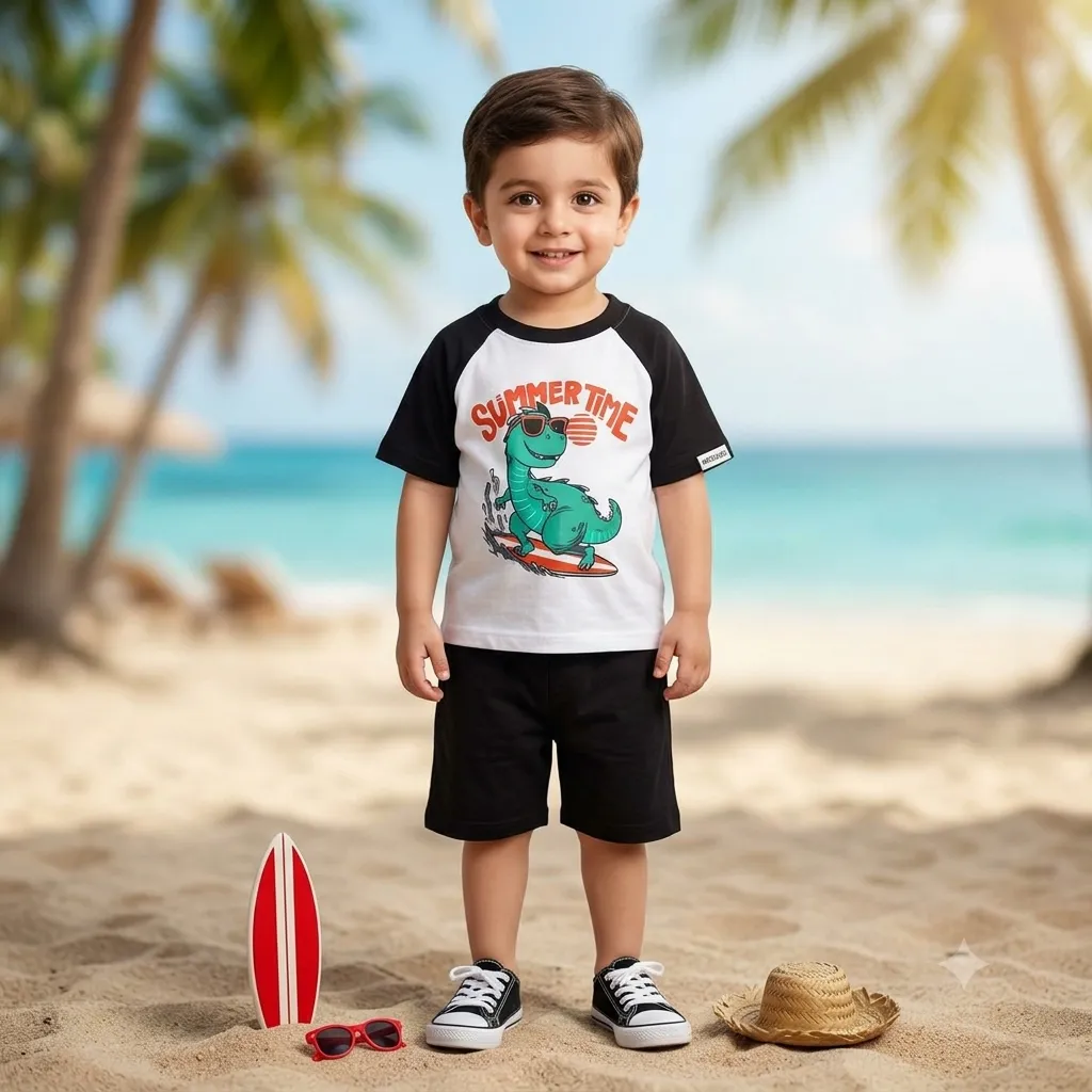 Young boy wearing a black and white short-sleeved t-shirt with a green dinosaur surfing on a red surfboard and the text 'SUMMER TIME' in red and orange, black shorts, and black and white sneakers, standing on a sandy beach with a surfboard, sunglasses, and a straw hat nearby.