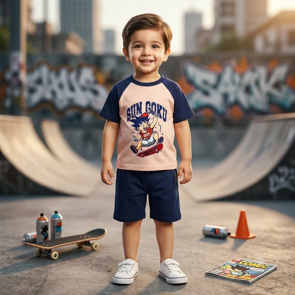 A young boy wearing a peach and blue t-shirt with a cartoon character on it, blue shorts, and white sneakers standing in a skate park with graffiti walls, skateboards, spray paint cans, and a comic book.