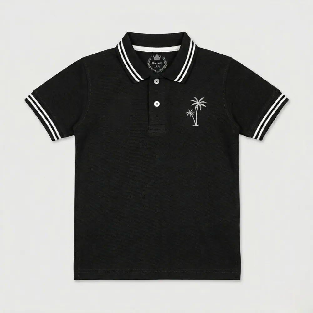 Black Kids Polo Shirt with Palm Tree Embroidery