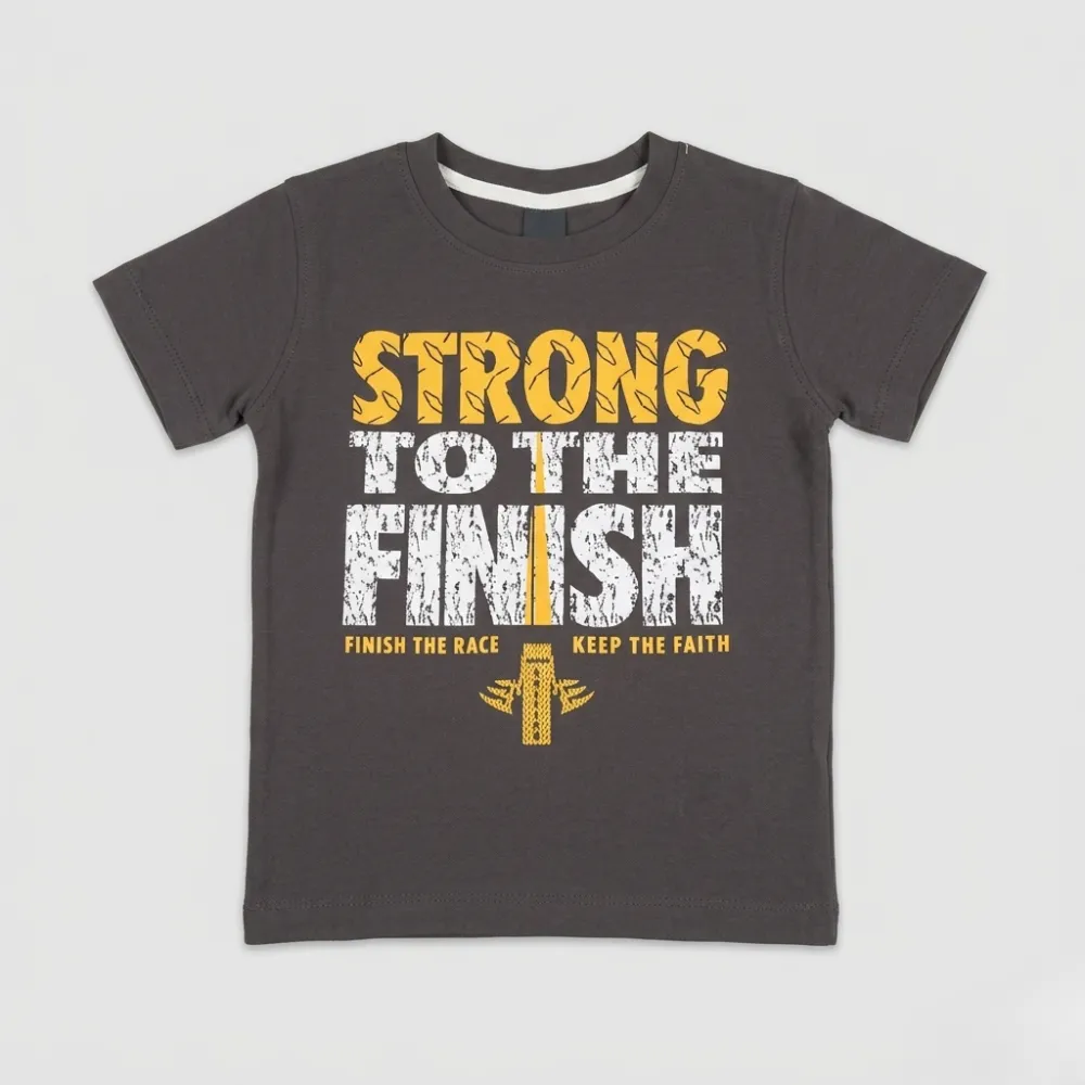 charcoal grey t-shirt with yellow and white motivational text and cross design