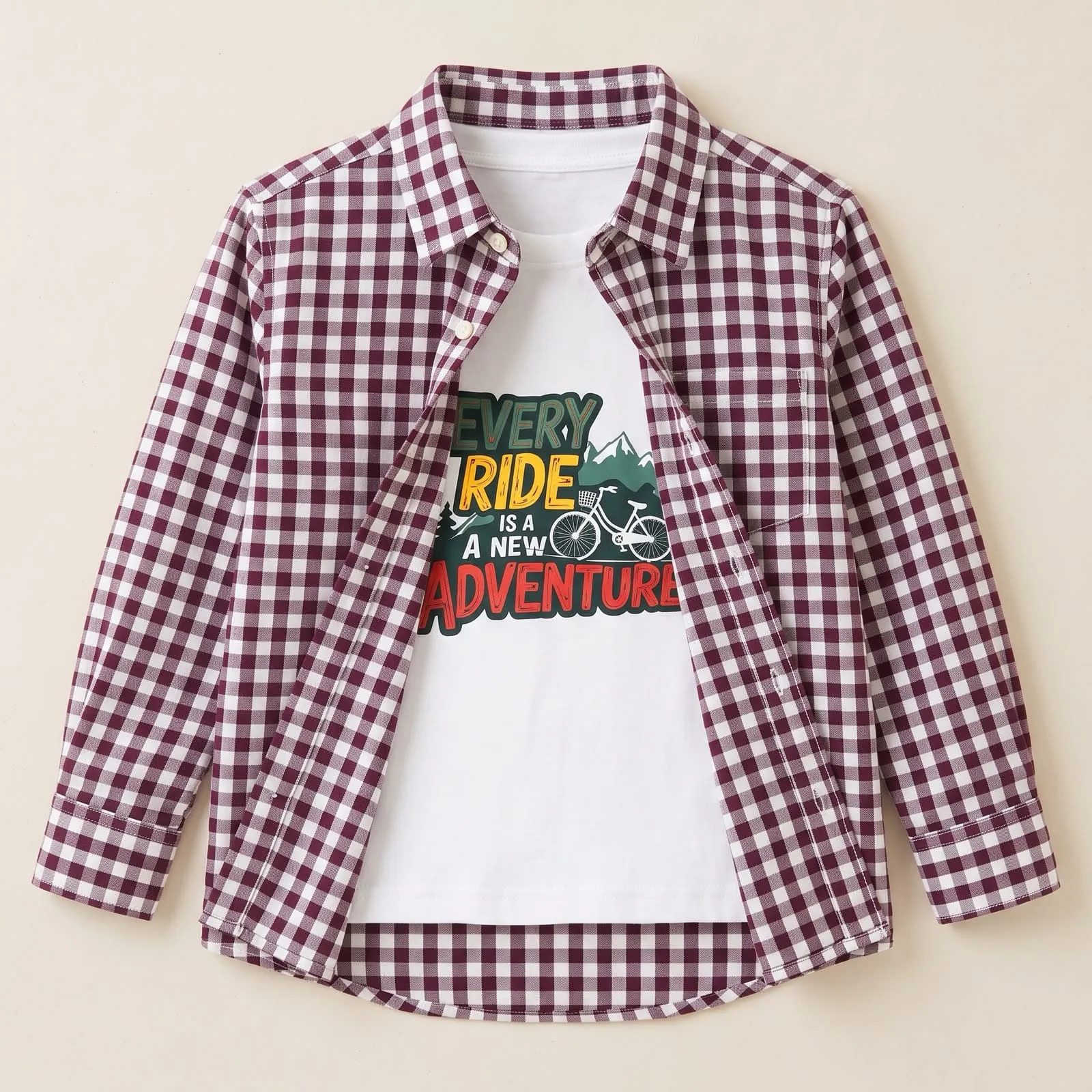 Boys 2-Piece Set Maroon Box Shirt with Adventure Print T-Shirt