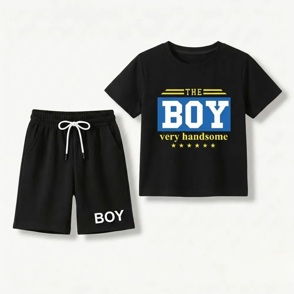 black t-shirt and shorts set for boy with THE BOY very handsome print