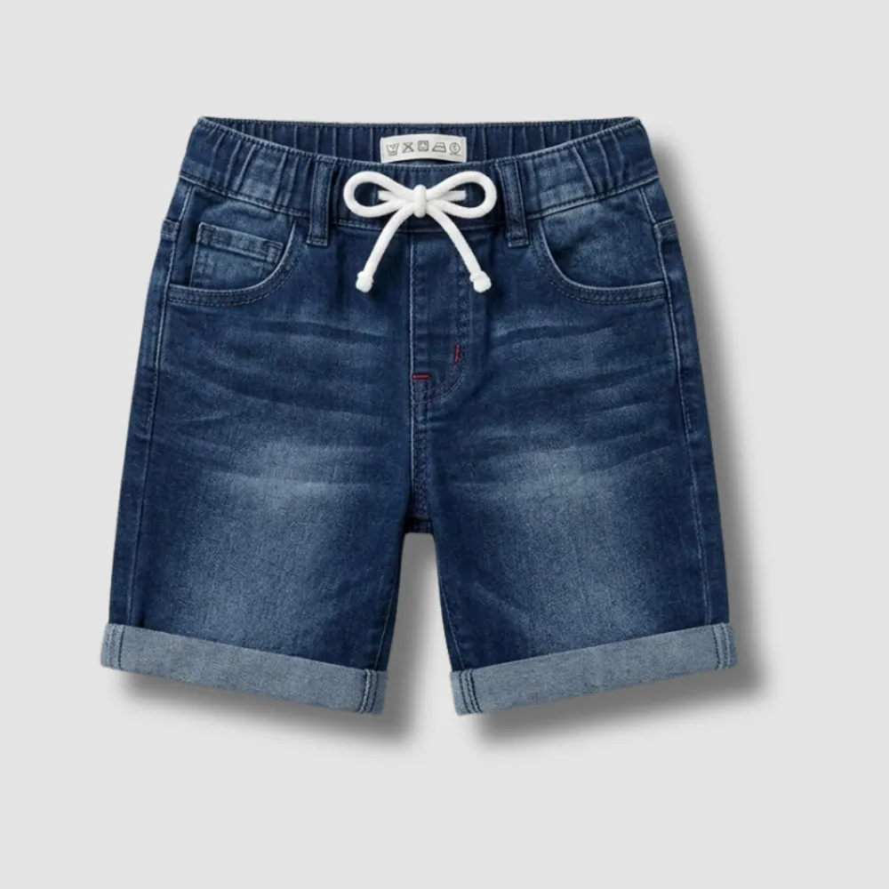Dark blue denim shorts with a white drawstring and rolled cuffs, perfect for casual summer wear.