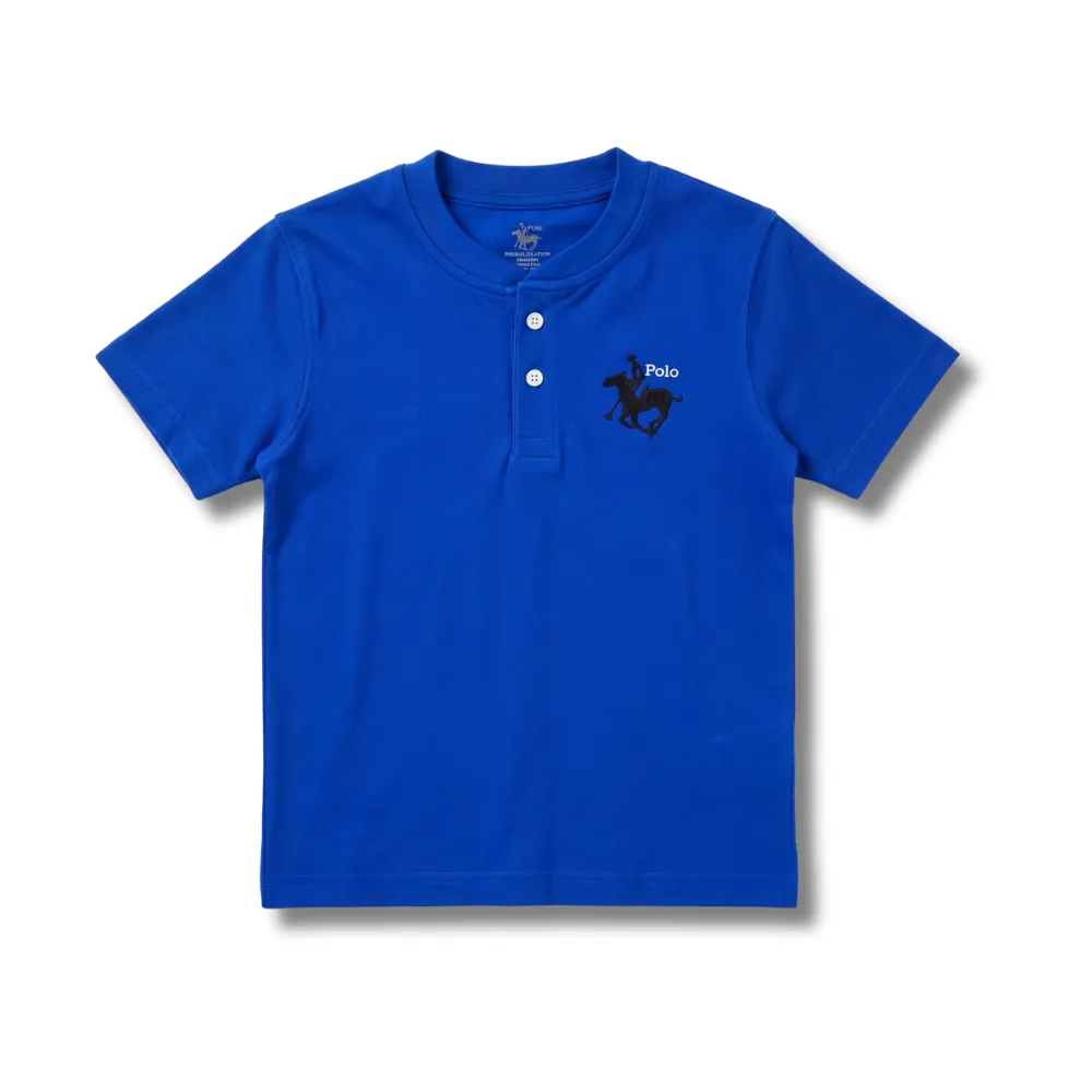 Royal blue short-sleeved polo shirt with black horse and polo logo, three white buttons.