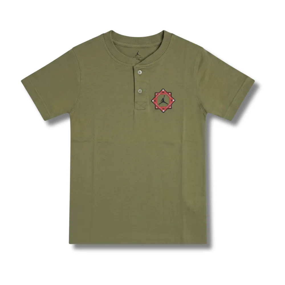 Olive green short-sleeve polo shirt with a red and white Jordan logo on the chest, made of cotton or cotton blend material.