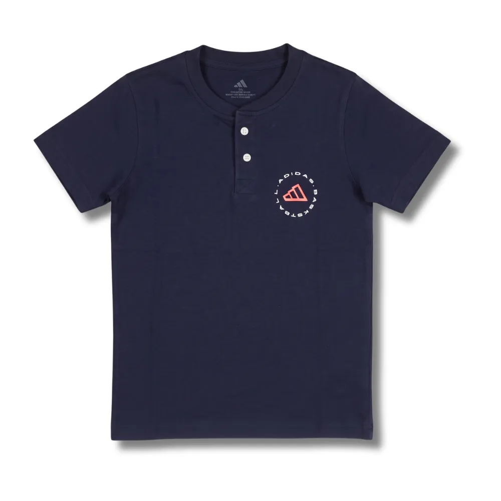 Navy blue Adidas polo shirt with a red and white logo on the left chest area, featuring short sleeves and a button-down front.
