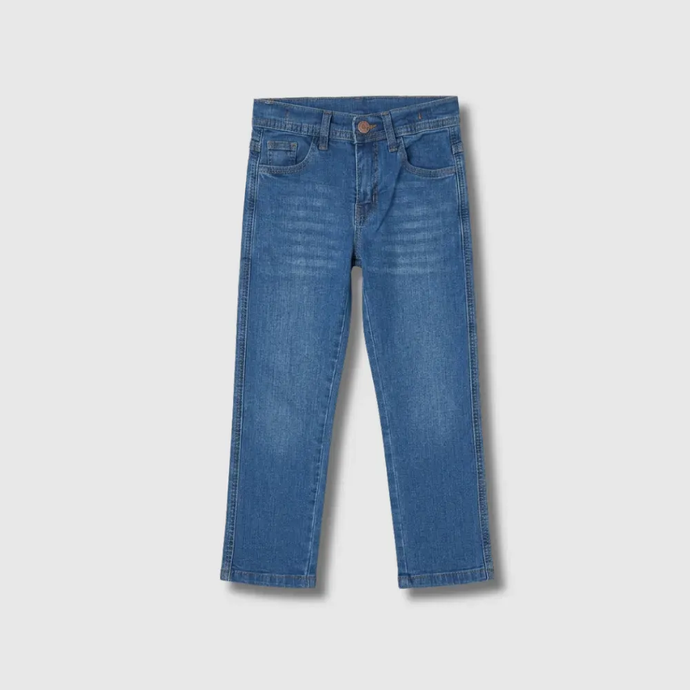 A pair of blue jeans with a button fly and five pockets, made from denim material.