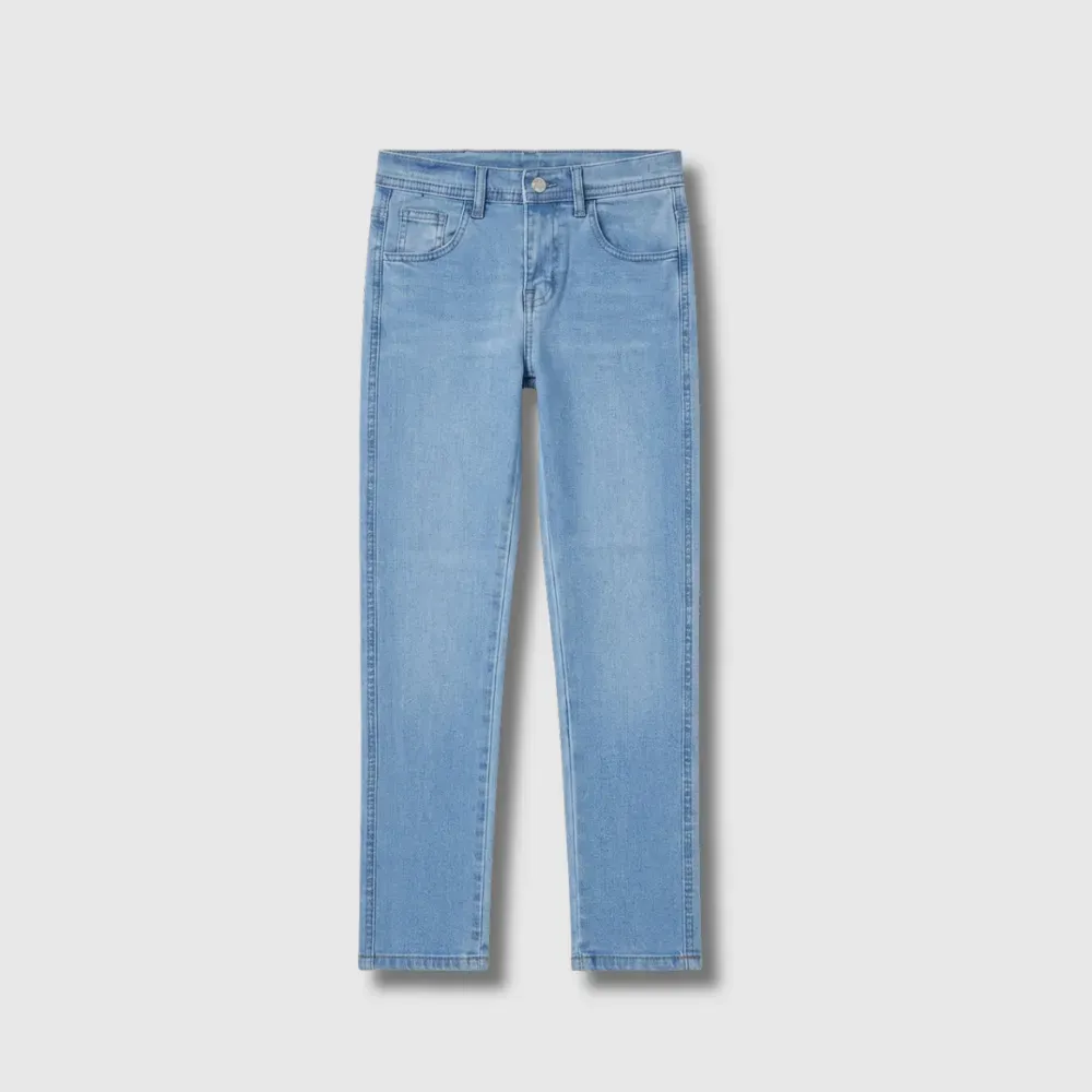 Light blue straight-leg jeans with button fly and five pockets.