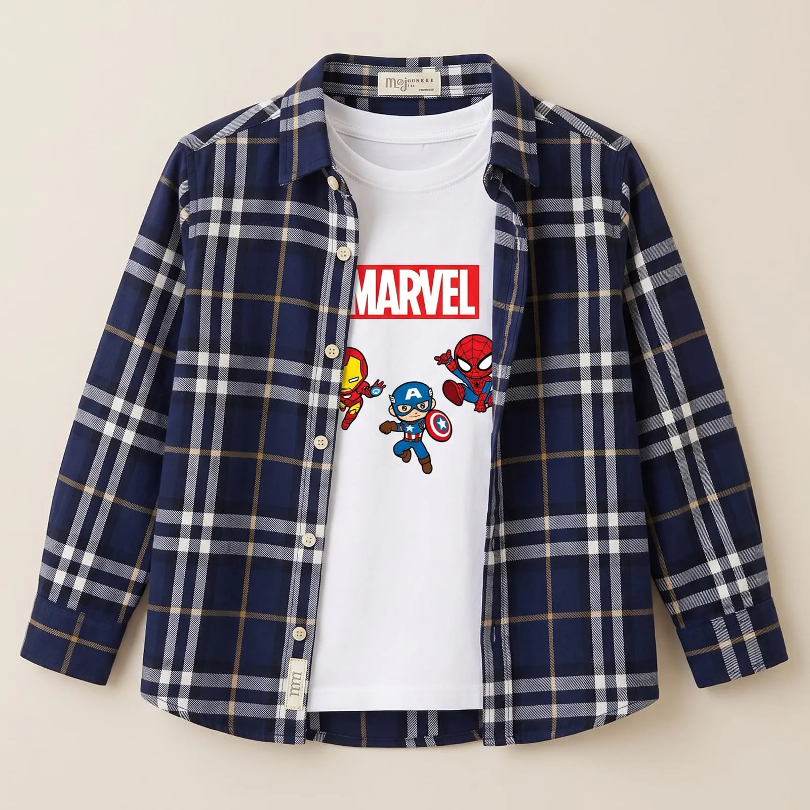 Boys 2-Piece Set Navy Checked Flannel Shirt with Superhero Print T-Shirt