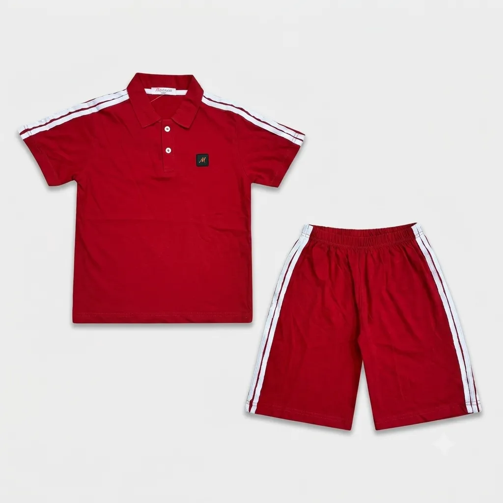 Red polo shirt with white stripes and red shorts with white stripes, made of cotton, perfect for casual wear.