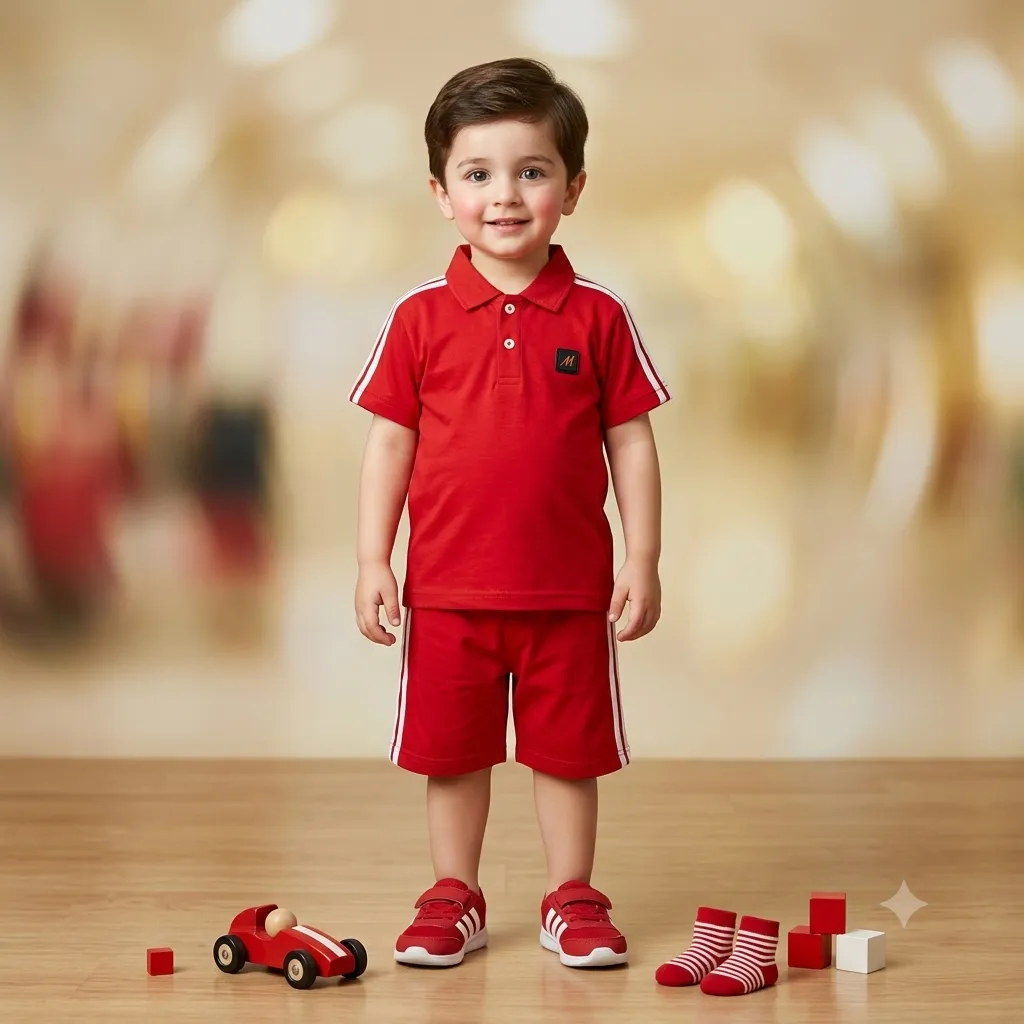 A young boy wearing a red polo shirt with white stripes and a black logo, red shorts with white stripes, and red sneakers with white accents. He is standing on a wooden floor with toys.