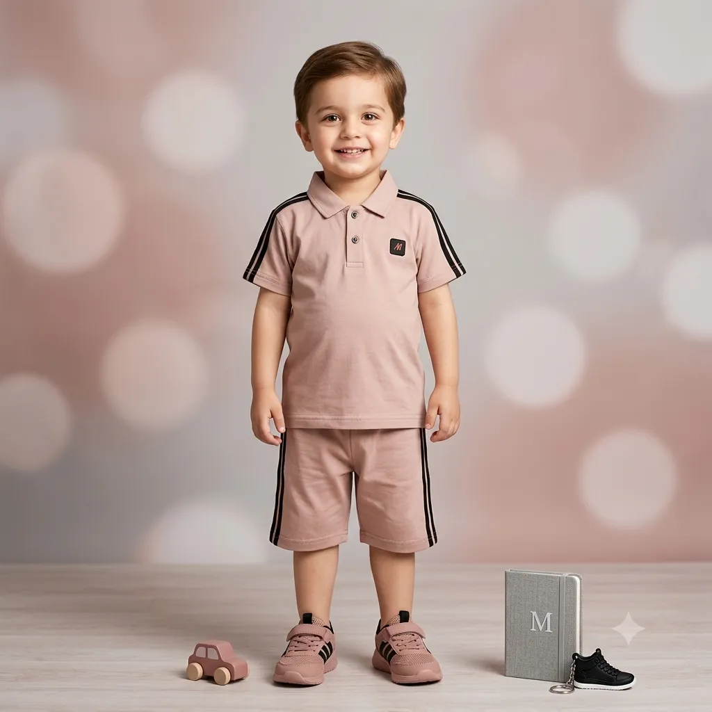 Young boy wearing a light pink polo shirt with black stripes and a small logo on the chest, paired with matching light pink shorts and black sneakers, standing on a wooden floor with a blurred background.