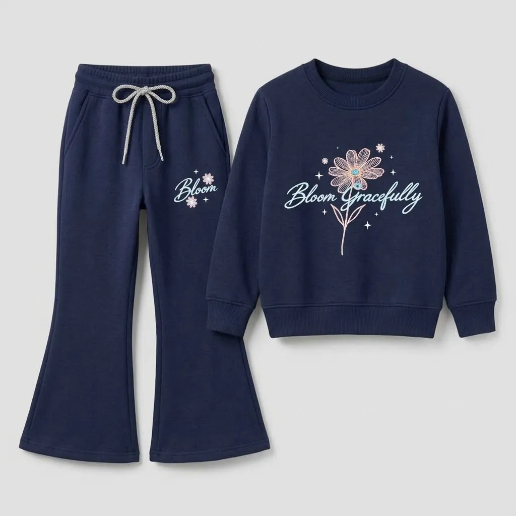 Girls Navy Bloom Embroidered Fleece Tracksuit | Sweatshirt & Flared Trouser
