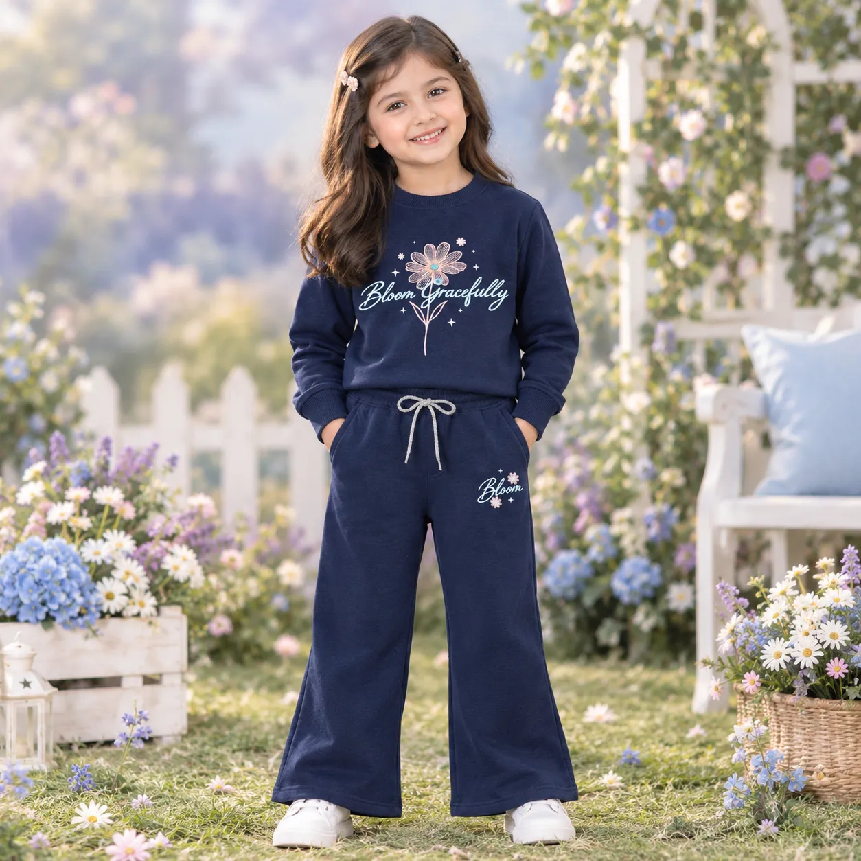 Girls Navy Bloom Embroidered Fleece Tracksuit | Sweatshirt & Flared Trouser alternate