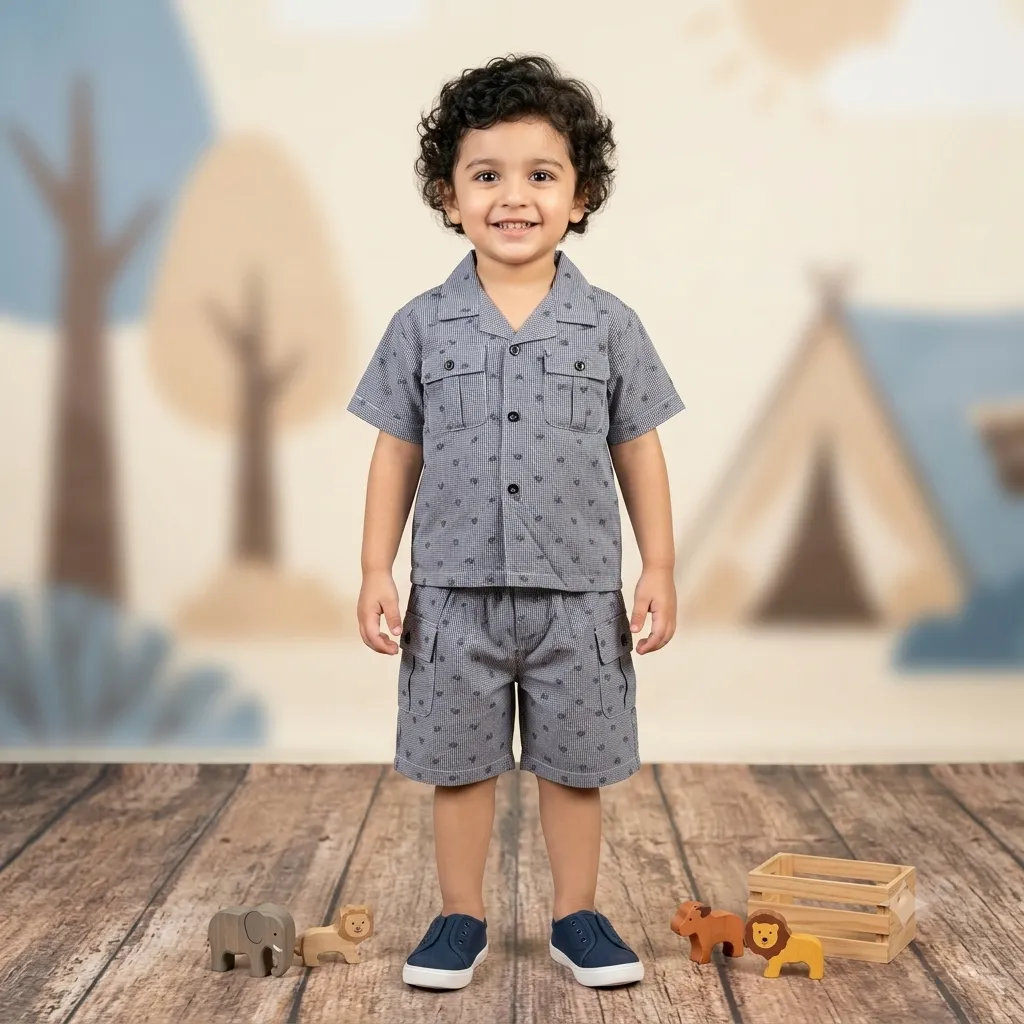 Young boy wearing a grey short-sleeved shirt with heart pattern and matching shorts, standing on a wooden floor with toy animals nearby.