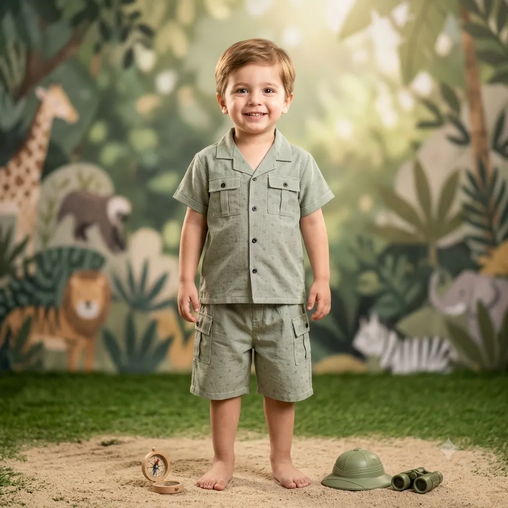 Little boy wearing green safari outfit standing on sand with jungle background