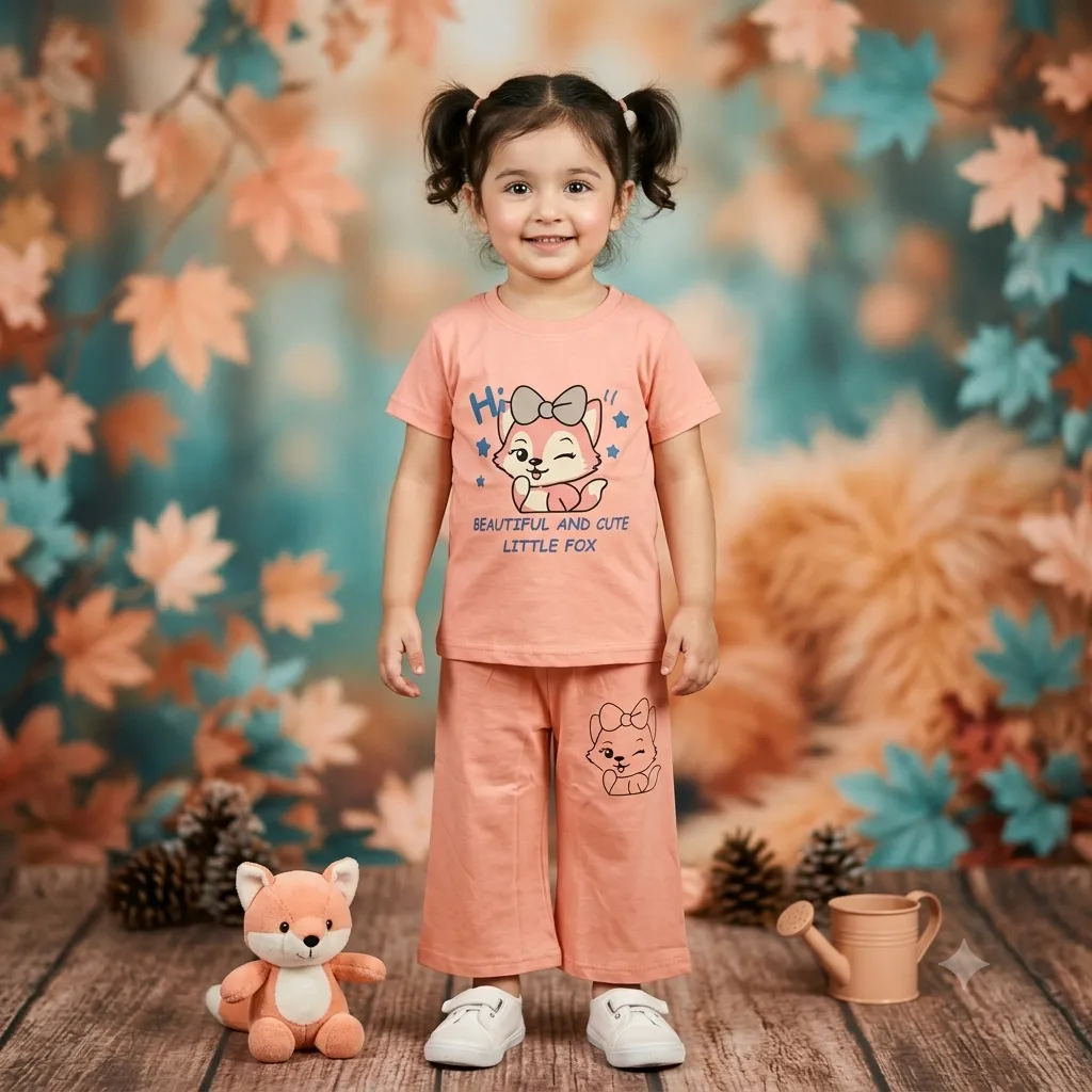 A young girl wearing a pink t-shirt and matching pink pants with a cute fox design, standing on a wooden floor with autumn leaves background.